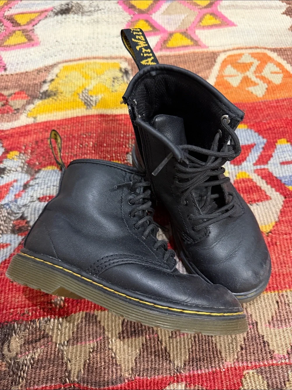 Dr. Martens Black Leather Lace-Up Ankle Boots with Yellow Stitching